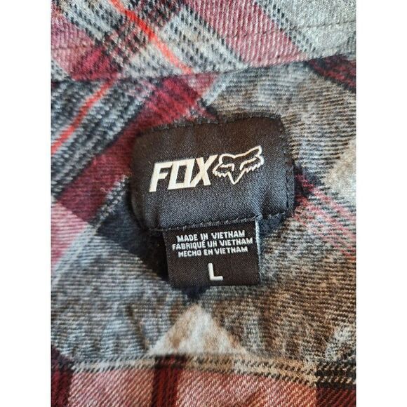Vintage Y2K Fox Button Up Flannel Shirt L Long Sleeve Red Gray Black Plaid - Picture 5 of 5